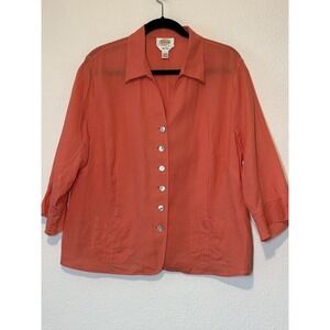 Talbots Womans Top Size 14W Irish Linen Shirt Blouse Orange‎ Ruffle Sleeve